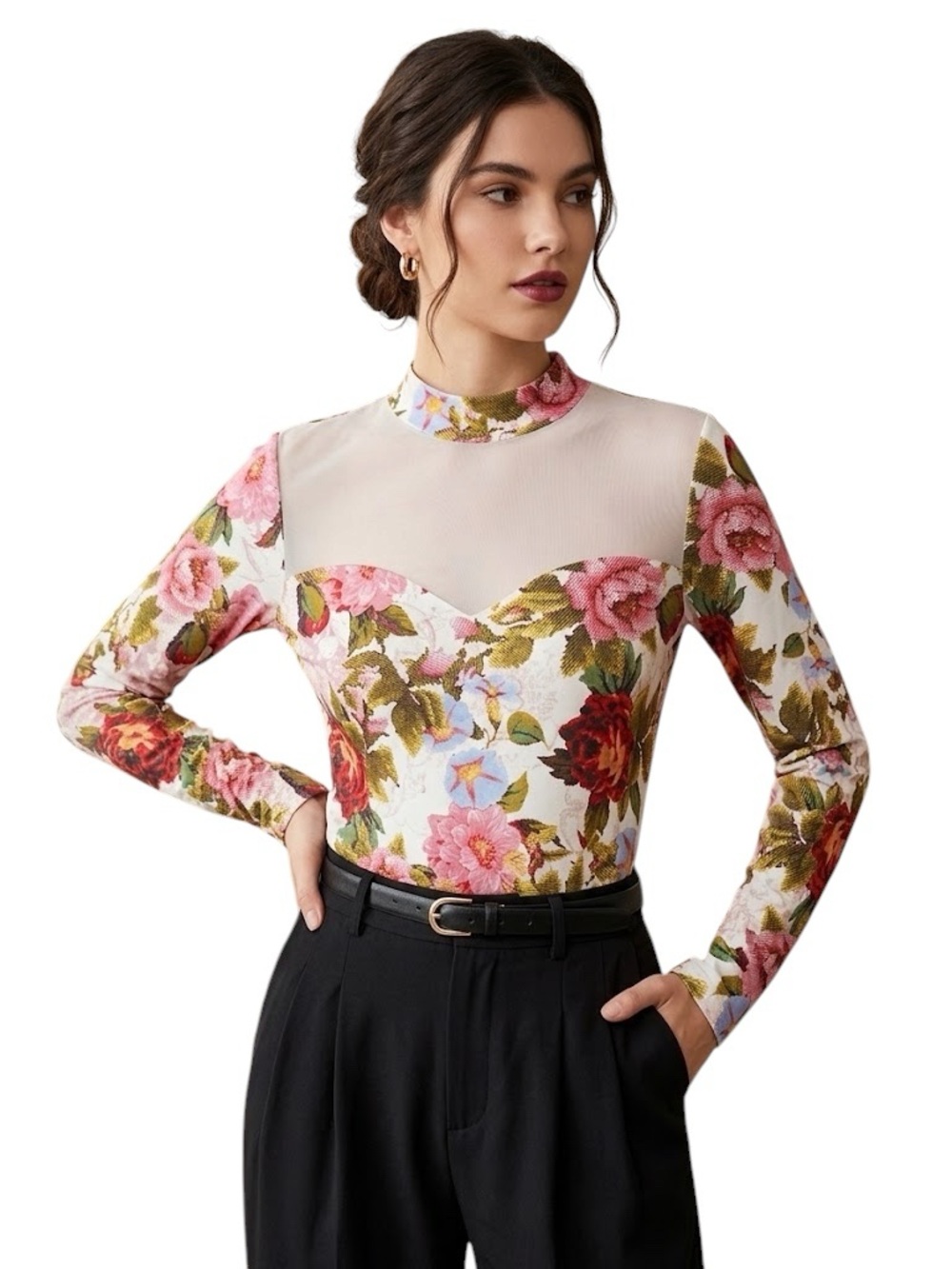 Guess Floral Long-Sleeve Mesh Yoke Top - Pink, Green, White Size L